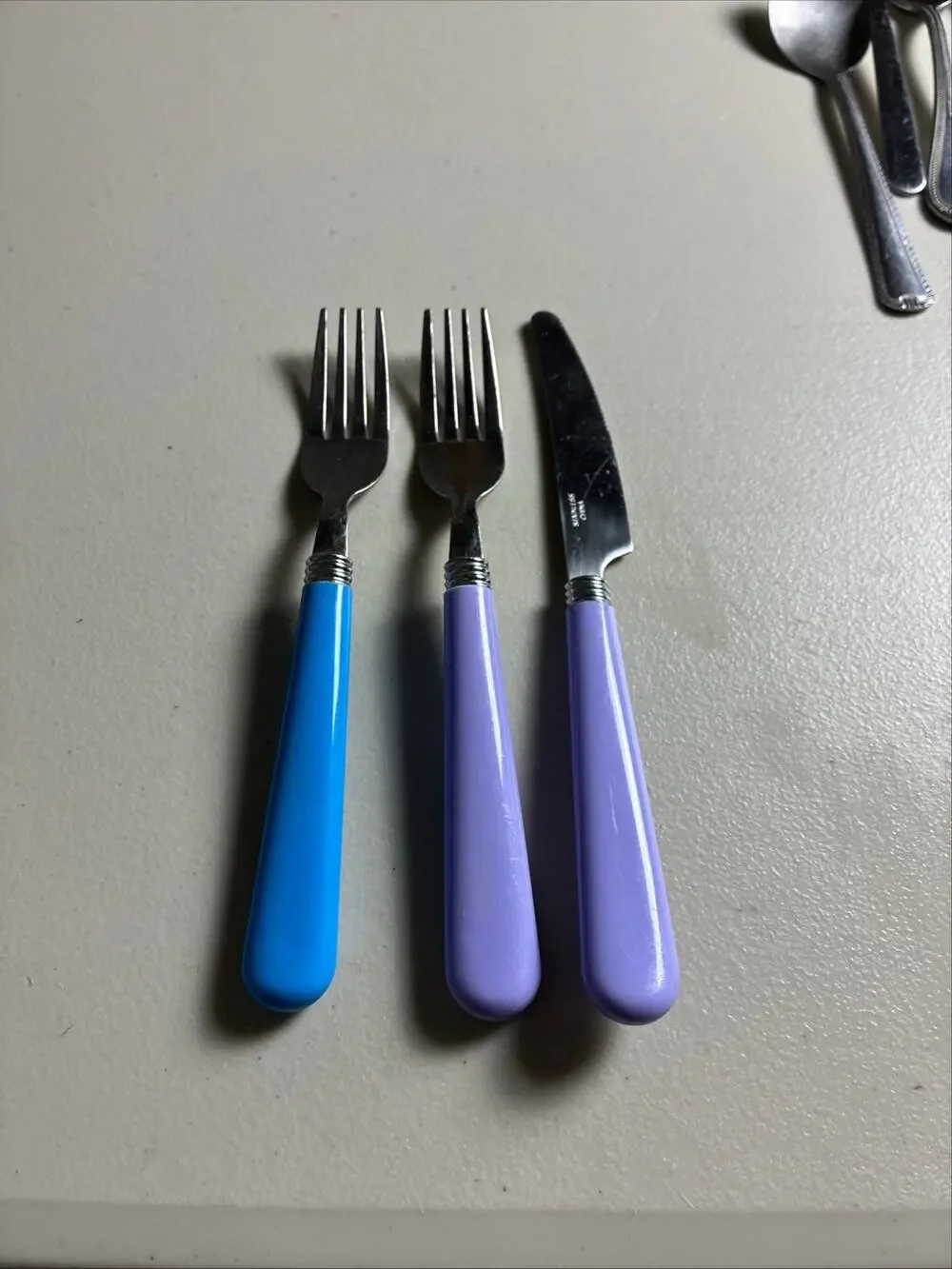 Retro Purple Blue Handle Flatware 3 Pc Stainless Forks Knife MCM Replacement